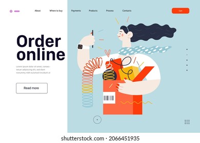 Discounts, sale, promotion - online shopping web template- modern flat vector concept illustration of a young woman holding a box full of goods. Delivery and online orders concept. Order online