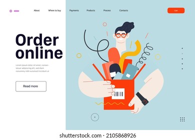 Discounts, sale, promotion - online shopping web template - modern flat vector concept illustration of a young man holding a box full of goods. Delivery and online orders concept. Order online caption