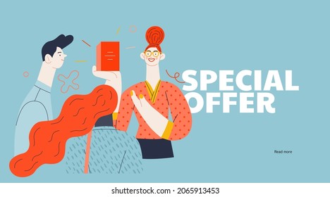 Discounts, sale, promotion - shop consultant - modern flat vector concept illustration of customers and a salesperson telling about and offering the product. Special Offer caption