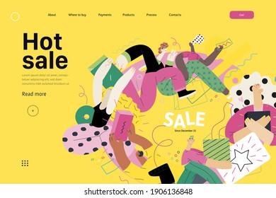 Discounts, sale, promotion vignette - web template - modern flat vector concept illustration of people crowd running in the pursuit of the discounts, with a big percent sign. Hot sale