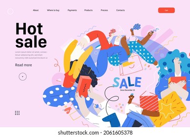 Discounts, sale, promotion vignette - web template - modern flat vector concept illustration of people crowd running in the pursuit of the discounts, with a big percent sign. Hot sale