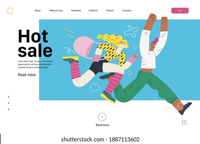 Discounts, sale, promotion, web template - modern flat vector concept illustration of a man and a woman running in the pursuit of the discounts, with a big percent sign on the background. Hot sale