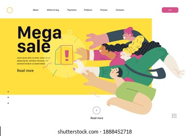 Discounts, sale, promotion- web template -modern flat vector concept illustration of people crowd raising hands trying to get a limited offer product with an exclamation sign, in pursuit. Mega sale