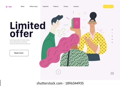 Discounts, sale, promotion - web template - shop consultant - modern flat vector concept illustration of customers and a salesperson telling about and offering the product. Limited offer