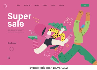 Discounts, sale, promotion, web template - modern flat vector concept illustration of a man and a woman running in the pursuit of the discounts, with a big percent sign on the background. Super sale