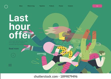Discounts, sale, promotion, web template - modern flat vector concept illustration of people crowd running in the pursuit of the discounts, with a big percent sign on the background. Last hour offer