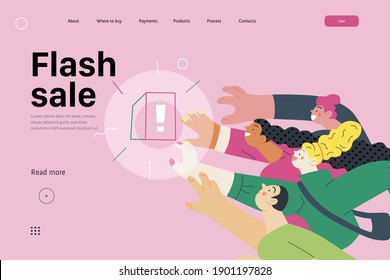 Discounts, sale, promotion- web template -modern flat vector concept illustration of people crowd raising hands trying to get a limited offer product with an exclamation sign, in pursuit. Flash sale