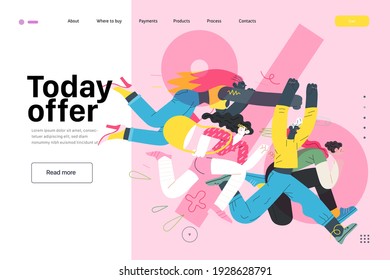 Discounts, sale, promotion, web template - modern flat vector concept illustration of people crowd running in the pursuit of the discounts, with a big percent sign on the background. Today offer