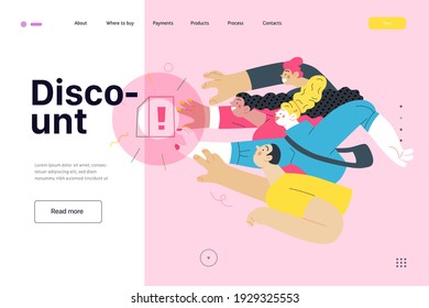 Discounts, sale, promotion- web template -modern flat vector concept illustration of people crowd raising hands trying to get a limited offer product with an exclamation sign, in pursuit. Discount
