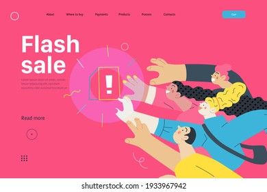 Discounts, sale, promotion- web template -modern flat vector concept illustration of people crowd raising hands trying to get a limited offer product with an exclamation sign, in pursuit. Flash sale