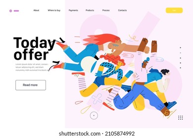 Discounts, sale, promotion. Web template. Modern flat vector concept illustration of people crowd running in the pursuit of the discounts, with a big percent sign on the background. Today offer