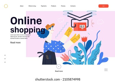 Discounts, sale, promotion. Web template - delivery. Modern outlined flat vector concept illustration of gardening woman, wearing apron, receiving online order shipped with drone. Online shopping