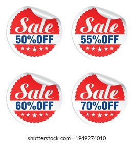 Discounts sale stickers set 50%, 55%, 60%, 70% off with stars. Vector illustration