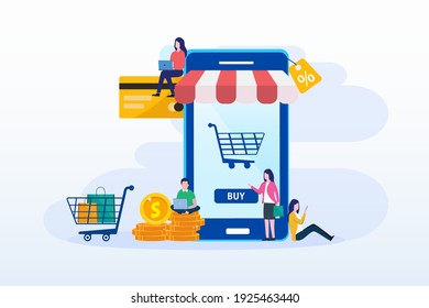 Discounts, Sale Vector Illustration. Online Store in the Mobile Application of the Smartphone. Tiny People choose goods at Low Prices in their Gadgets. landing page website illustration flat vector 