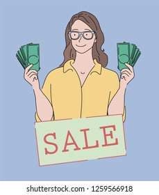 discounts, sales, girl with money. hand drawn style vector design illustrations. - Images vectorielles