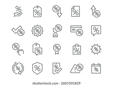Discounts and Sales Icon Set Features vector line icons of gift boxes, percentage signs, sale badges, and other elements, ready for use.