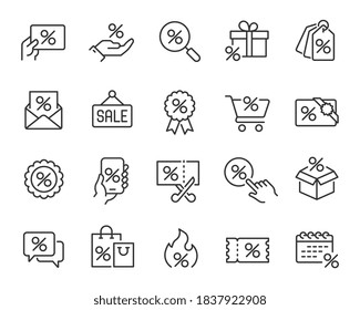 Discounts and Sales Icons Set. Collection of simple linear web icons such Discount Gift, Discount Coupons, Sales, Black friday, Discount Search, Coupon Presenting and others. Editable vector stroke.