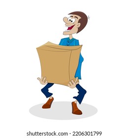 Discounts and sales. A man has made a big purchase. A man is carrying a heavy paper box.