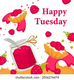 Discounts and sales on raspberry desserts and sweets. Jam in jar and small cakes with cream and fresh berries. Promotional banner or poster, cafe or restaurant discounts. Vector in flat style