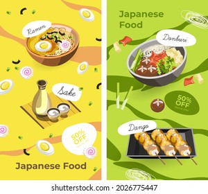 Discounts and sales, promotion banner of japanese food, asian cuisine, oriental meals and dishes. Ramen and soup, donburi and sake alcohol traditionally served drink in bar. Vector in flat style