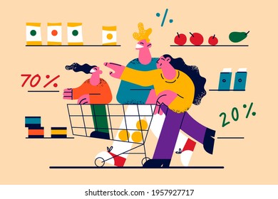 Discounts, sales, promotion in shop concept. Young family with child Riding in Supermarket Cart Full of Groceries and foods vector illustration 