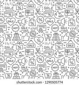 Discounts and sales seamless pattern with thin line icons