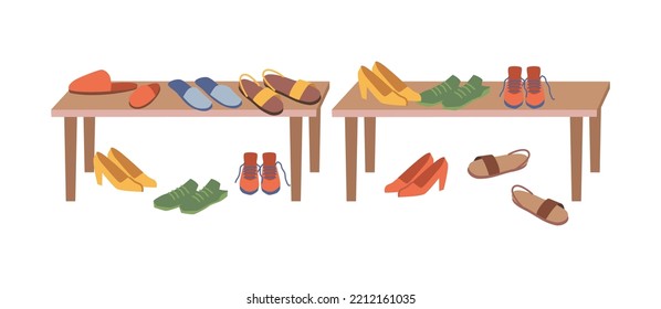 Discounts and sales in shop or women boutique, isolated shelves with shoes and boots. Summer and spring footwear scattered. Vector in flat cartoon style