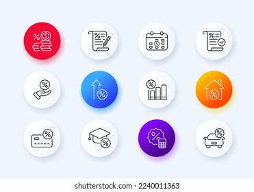 Discounts set icon. Cheap, low price, percent, accounting report, investment, cent, dollar, card, time to pay, write a check. Financial management concept. Neomorphism style. Vector line icon