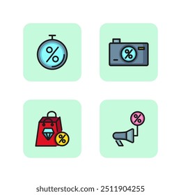 Descontos no conjunto de ícones de linha de estoque. Venda de eletrônicos e joias. Conceito de compras lucrativas. Ilustração vetorial para web design e apps