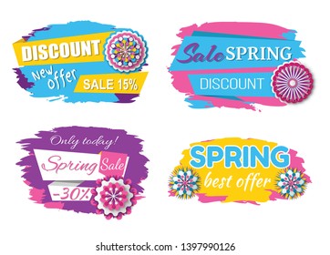 Discounts in summer and spring season vector, sales and special offers of shops, flowers and natural decoration, new proposition lowered price set