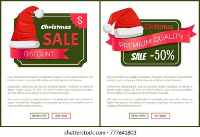 Discounts tags Santa Claus hats on promo labels Christmas sale concept, vector website posters with text read more and buy now