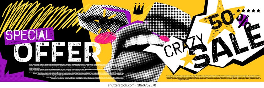 Discounts vector collage grunge banner. Lips and eyes in parted, above them a crown. Crazy 50 percent off. Doodle elements on a retro poster. Stylish modern advertising poster design