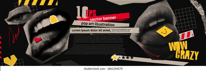 Discounts vector collage grunge banner. Lips and eyes, with a smiley face and a heart stamp on the tongue. Doodle elements on retro poster. Stylish modern advertising poster design.