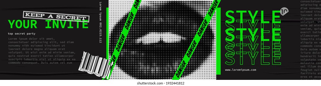 The discounts vector collage grunge banner. The halftone lips on black banner. The stylish modern advertising background design