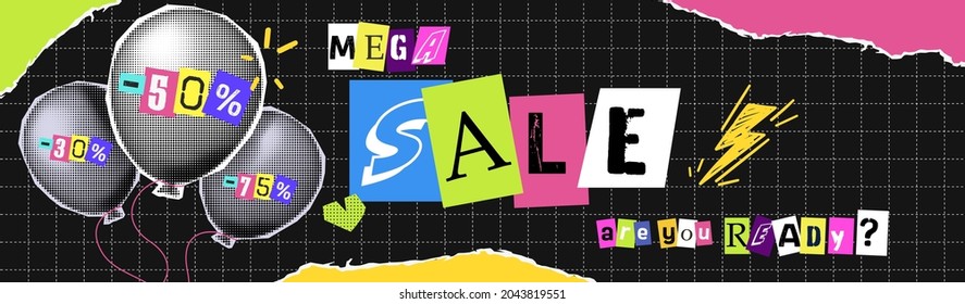 Discounts vector collage grunge banner. The halftone ballon on texture background. Crazy 50 percent off. Doodle elements on a retro poster. Stylish modern advertising poster design.