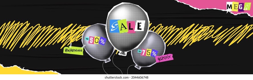 Discounts vector collage grunge banner. The halftone ballon on texture background. Crazy 50 percent off. Doodle elements on a retro poster. Stylish modern advertising poster design.