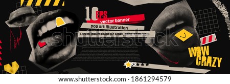 Discounts vector collage grunge banner. Lips and eyes, with a smiley face and a heart stamp on the tongue. Doodle elements on retro poster. Stylish modern advertising poster design.