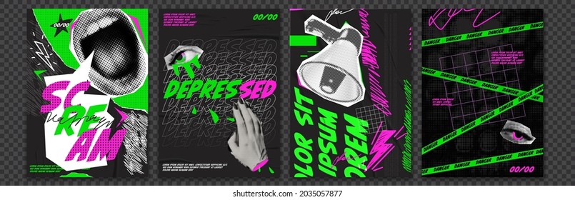 Discounts vector collage grunge flyers. . Doodle elements on retro poster. Stylish modern advertising poster design - Shutterstock ID 2035057877