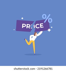 discounts. a woman divides the price or determines the price of the product. business, promotions, and offers. concept illustration designs. graphic elements