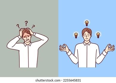 Discouraged man clutching head and meditating guy with light bulbs near face. Calm human with lot of ideas and frightened office worker who doesnt know what to do. Flat vector illustration