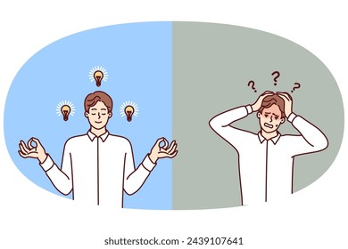 Discouraged man clutching head and meditating guy with light bulbs near face. Calm human with lot of ideas and frightened office worker who doesnt know what to do. Flat vector illustration