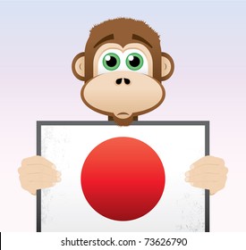 Discouraged monkey holding a Japanese flag. Vector EPS8 format, easy to edit.
