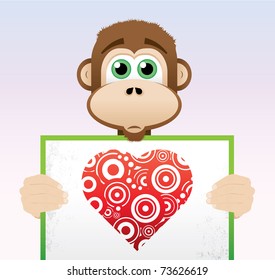 Discouraged monkey holding a placard with a heart on it. Vector EPS 8 format, easy to edit.