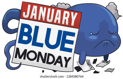 Discouraged soul behind loose-leaf calendar, full of debts, work, bad weather and reminder date for Blue Monday in January.
