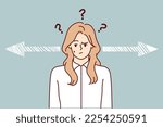 Discouraged woman near arrows pointing in different directions for hard decision concept. Blonde lady in white shirt makes important choice choosing strategy to attract customers. Flat vector image