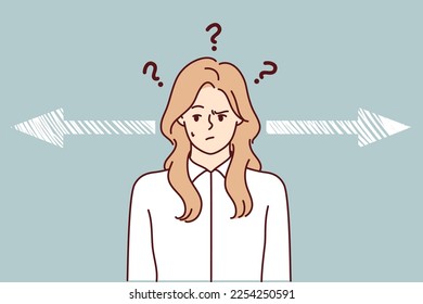 Discouraged woman near arrows pointing in different directions for hard decision concept. Blonde lady in white shirt makes important choice choosing strategy to attract customers. Flat vector image