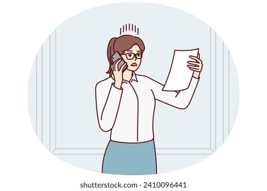 Discouraged woman with phone reading document and nervous about telling interlocutor about problems have arisen. Shocked businesswoman reading court notice or letter from partners. Flat vector image