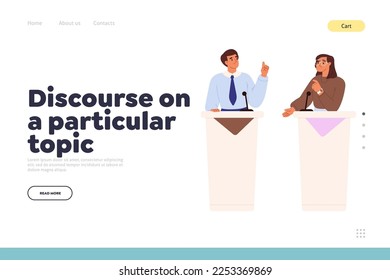 Discurso sobre el concepto de tema de la página de inicio con debate presidencial o político. Diálogo entre hombres y mujeres en tribunas en entrevista. Elección política. Ilustración vectorial de dibujos animados
