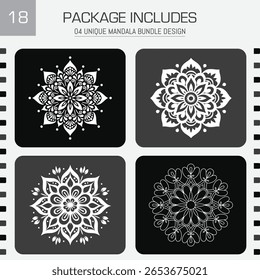 Discover 4 unique mandala designs, each an intricate floral pattern on a stark black background, perfect for creative projects and artistic expression.