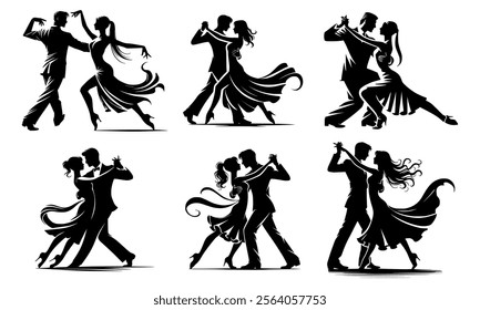 "Discover 6 unique silhouette designs of dancing couples! Perfect for art, decoration, and creative projects. These elegant designs capture romantic moments with timeless charm.